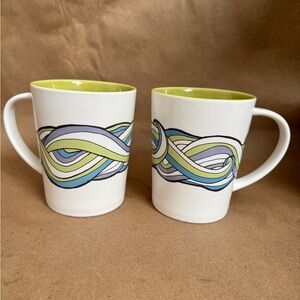 Starbucks 2010 Set of 2 Blue and Green Wave Fine Bone China Coffee Mug. 18oz